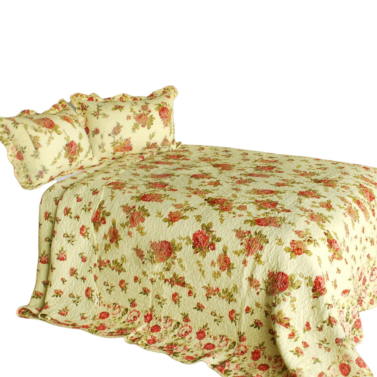 Full/Queen Cotton Quilt Set 3-Piece Floral Vermicelli Quilted Reversible